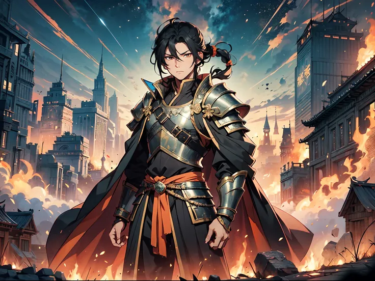 Ultra High Definition, Ultra High Quality, Extremely Detailed, Perfectly Detailed, Masterpiece, 8k, 1 Boy, Look A Like Xin From Kingdom Anime, Handsome, Armored With Chinese Emperor Armor, Black And Orange Pupil Eyes, Black Long Hair Tied, Full Body Shot, ...