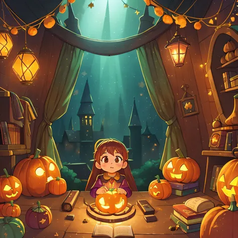 (best quality, high quality:1.3), CG, dramatic lighting, highly detailed, Bokeh, a room full of glowing riddles and puzzles, and a lonely magical talking pumpkin