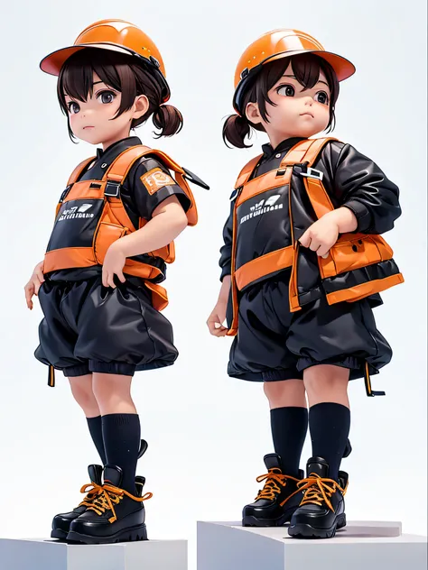 人物: 10 year old boy, Short brown hair, Black eyes, helmet on，Wearing a construction workers uniform，Construction worker reflective orange clothing，Lively posture，Different angles, Different Perspectives, Different angles, Different perspectives fantastic l...