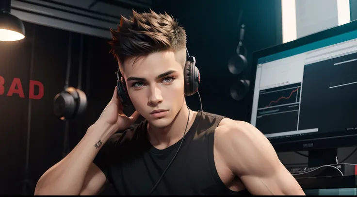 young man name urban legend with short spiky hair in Studio siting seeing camera front show full body with headphone  in ears