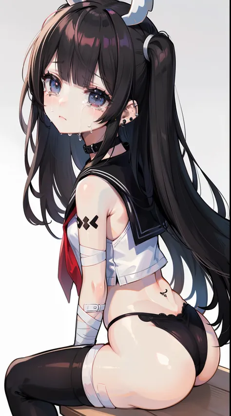 fullbody, 1 girl, floating sitting pose, Perfect Anatomy, White skin, ((Black hair, Twin-tailed, Blunt bangs, Straight bangs, hime-cut)), Black eyes, Empty eyes, Detailed eye drawing, ((sad, tearful, Crying)), pink sailor uniform, Wrist cut, ((Arm bandage)...