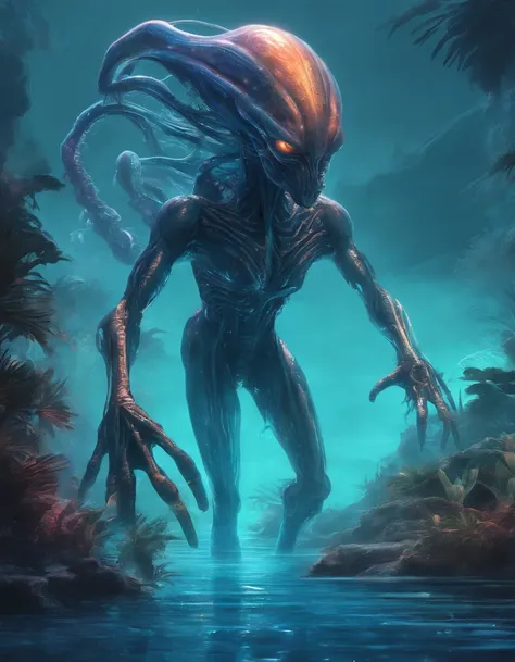 Walk, Hands and feet, Big eyes, Monster, (((Humanoid translucent alien creature))), Light, Blue light,, Ocean, Plants in the water,Rich in color