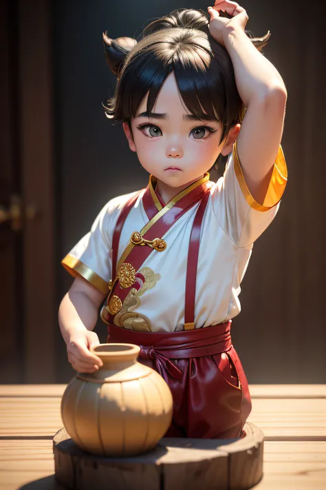 POP MARTS SUPER CUTE LITTLE BOY IP, Boy, Boy, Chinese Peking Opera elements, In a bun, Chubby face, Brown hair, Holding a vase, Chinese style, Chinese clothes, Cute pose, Sparkling eyes, Best quality, Clay material, full bodyesbian, Clean background, Studi...