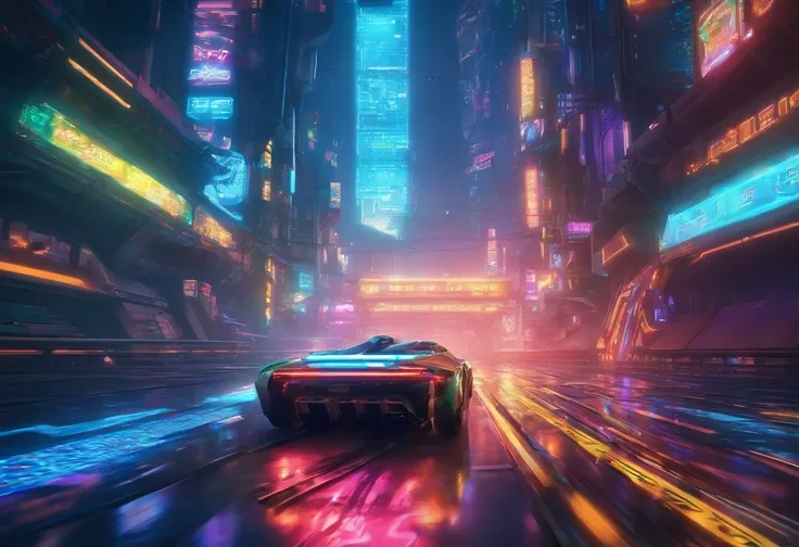 A cyberpunk car speeding through the future city, with a silver-white body, entered a silver-blue space-time tunnel, surrounded by light and shadow rays, looking up at an angle of 45 degrees.