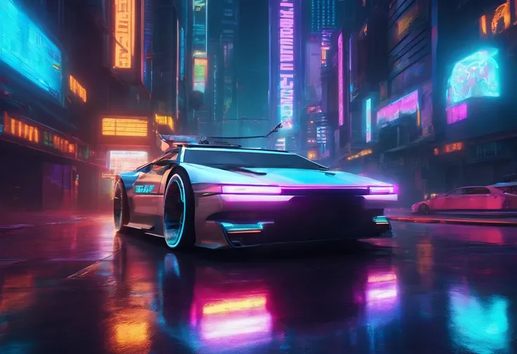 A cyberpunk car speeding through the future city, with a silver-white body, entered a silver-blue space-time tunnel, surrounded by light and shadow rays, looking up at an angle of 45 degrees.