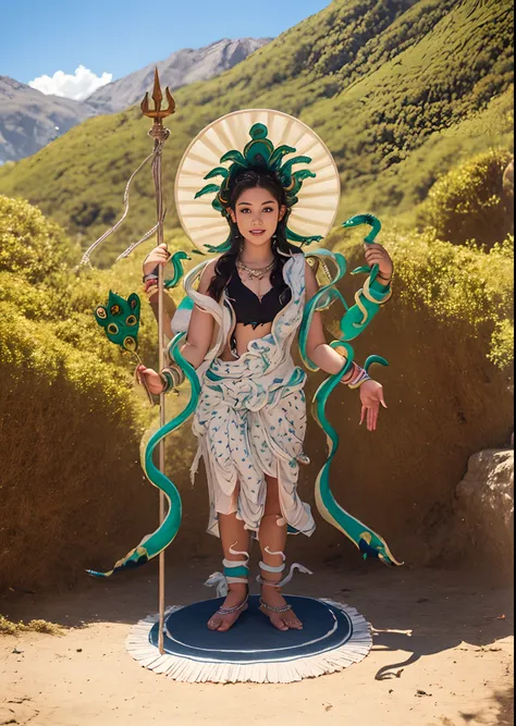 1girll，10 years old child，stand in a valley full of mandala flowers，（（（green skin））），gem necklace，exquisite headdress，long hair ...