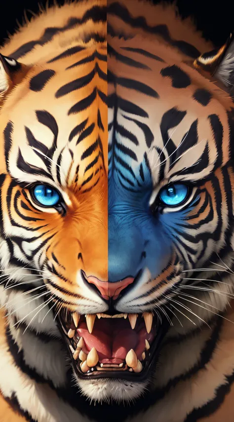 a close up of a tiger with blue eyes, a tiger, ((tiger)), tiger, tiger_beast, focused amber eyes, dream animal cute eyes, sacred tiger, tigers, half tiger, tiger skin, tiger face, with amber eyes, tiger stripes, tiger head, beautiful iphone wallpaper, dang...