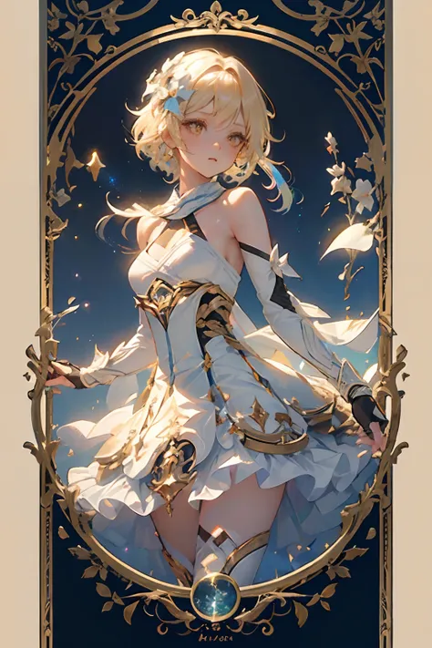 1 girl solo, short blond hair, white flower hair ornament, white dress, bare shoulders, detached sleeves, long white stockings, fingerless gloves, iridescent light, glowing rainbow crystals, sparkles, stars, floating in space, dark background with stars an...