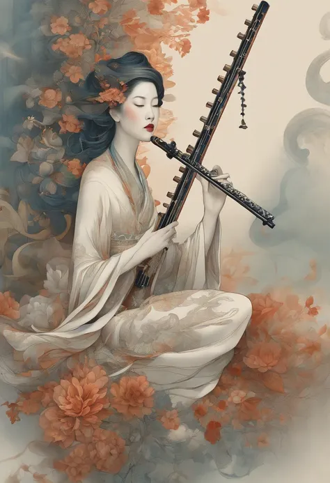 1ghost play the bamboo flute, official art, unity 8k wallpaper, ultra detailed, beautiful and aesthetic, masterpiece, best quality, (zentangle, mandala, tangle, entangle), (fractal art:1.3) extremely detailed, dynamic angle, cowboyshot, the most beautiful ...