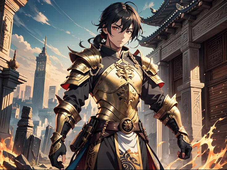 Ultra High Definition, Ultra High Quality, Extremely Detailed, Perfectly Detailed, Masterpiece, 8k, 1 Boy, Look A Like Xin From Kingdom Anime, Handsome, Armored With Chinese Emperor Armor, Black And Orange Pupil Eyes, Black Long Hair Tied, Full Body Shot, ...