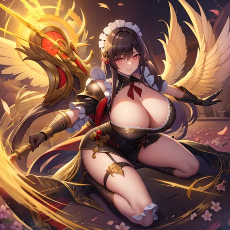 1girl in、nightcity、Sateen、Kimono without sleeves、A dark-haired、Holding a weapon with blood on it、Looking at the camera、Cherry blossoms are dancing，Unusually resistant、red blush、Looks distressed、Pleasant face、shrine maiden、valkyrie、Angel wings、a navel、sideb...