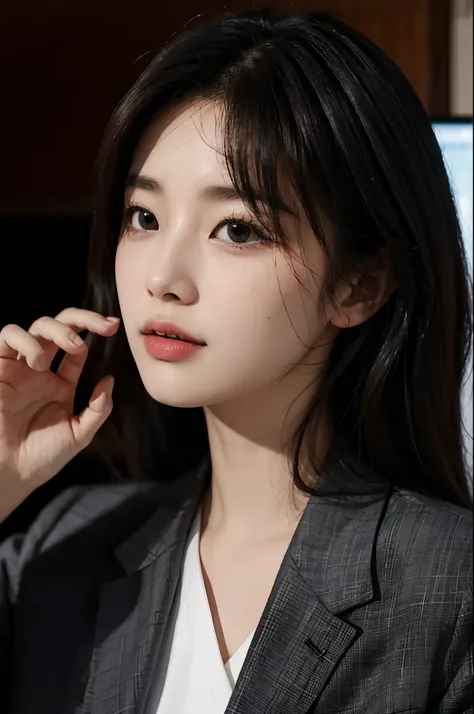 High-res, Realistic portrait of professional korean office lady with perfect skin，Professional suits，Womens suits，stand posture，The upper part of the body，Women in the workplace，Show confidence and maturity, Surrounded by a modern corporate environment, Vi...