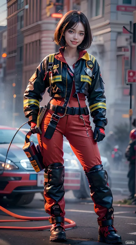 (The FW), 1womanl, Solo, 24 year old, 7headed body, (cute  face), (Ideal ratio body proportions), American cityscape, firefighter, Stand in front of a fire truck, Smiling smile, The costume is sheer, Wet, short-hair, Dark hair, small tits, A slender, Small...