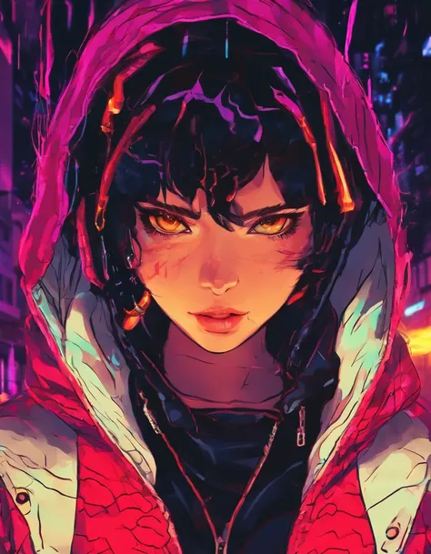 close up photograph, Confident young cyberpunk woman，Black color hair，with brown eye，Wear a hoodie with a red dragon pattern, On the streets soaked with rain at night, Photorealistic, Cinematic lighting