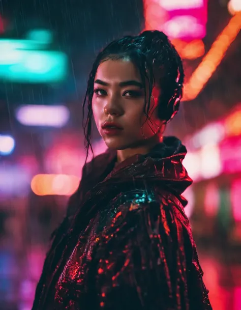 close up photograph, Confident young cyberpunk woman，Black color hair，with brown eye，Wear a hoodie with a red dragon pattern, On the streets soaked with rain at night, Photorealistic, Cinematic lighting