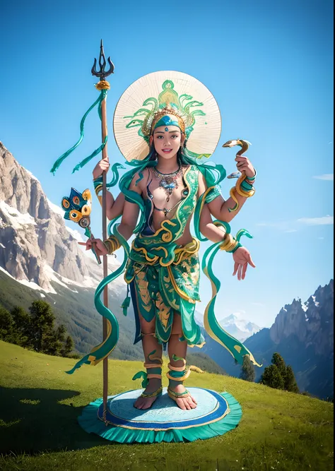 1girll，10 years old child（（（Green skin））），Stand in a valley full of mandala flowers，，Gem Necklace，Exquisite headdress，Long hair hanging down the shoulders，There are six snakes on top of their heads，Snake in hand，The body is decorated with snakes，Four arms，...