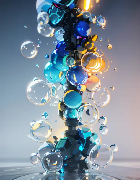 Many bubbles floating in the air on a black background, Imagens DMT. rendering by octane, caustics lighting from above,  3 d fluid simulation render, Volumetric octane rendering, greg rutkovsky. rendering by octane, cinema 4d bright light render, xparticle...