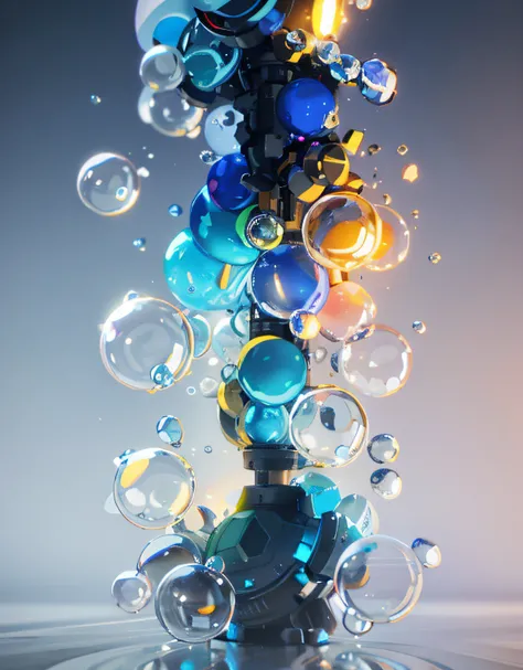 Many bubbles floating in the air on a black background, Imagens DMT. rendering by octane, caustics lighting from above,  3 d fluid simulation render, Volumetric octane rendering, greg rutkovsky. rendering by octane, cinema 4d bright light render, xparticle...