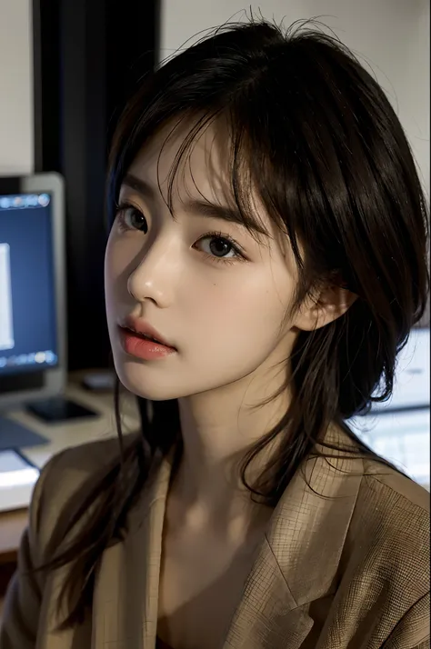 High-res, Realistic portrait of professional korean office lady with perfect skin，Professional suits，Womens suits，stand posture，The upper part of the body，Women in the workplace，Show confidence and maturity, Surrounded by a modern corporate environment, Vi...