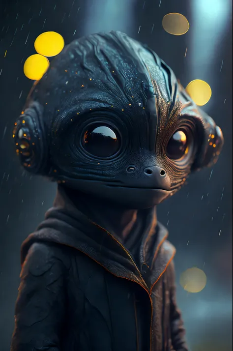 hyper realistic, cute alien, rain effect, 64k resolution photorealistic Masterpiece by Ridley Scott, intricately detailed fluid painting, HD, professional photography, dark lighting, volumetric lighting maximalist photo illustration, 64k resolution concept...