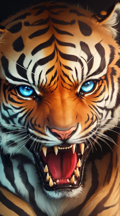 a close up of a tiger with blue eyes, a tiger, ((tiger)), tiger, tiger_beast, focused amber eyes, dream animal cute eyes, sacred tiger, tigers, half tiger, tiger skin, tiger face, with amber eyes, tiger stripes, tiger head, beautiful iphone wallpaper, dang...