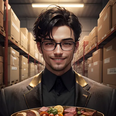 A man, with oily hair, gold-wire glasses, black suit, smiling, short black hair, in a huge warehouse, piled with meat, highly real, UHD, chiaroscuro, super detailed