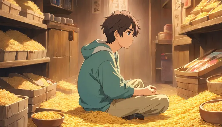 A young and haggard man, Wearing tattered clothes, Crouch in a corner，Surrounded by empty instant noodle bags and bowls, It emits a depressing smell, ,in the style of the stars art group xing xing, 32K, Best quality, Masterpiece, Super detail, High details