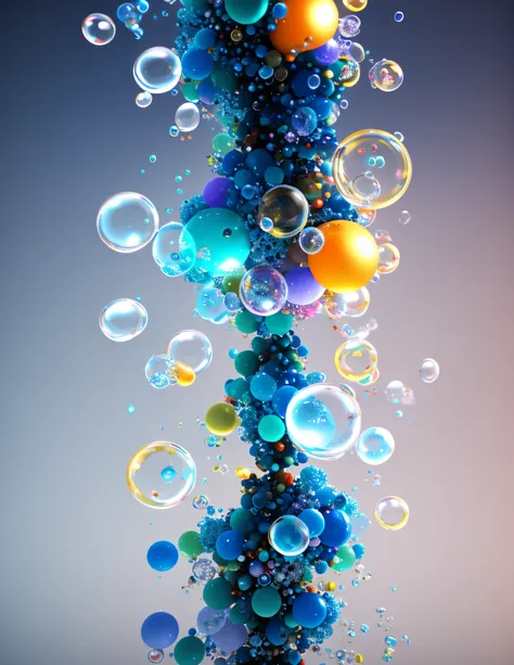 Many bubbles floating in the air on a black background, Imagens DMT. rendering by octane, caustics lighting from above,  3 d fluid simulation render, Volumetric octane rendering, greg rutkovsky. rendering by octane, cinema 4d bright light render, xparticle...