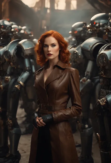 There is a woman standing in front of a group of robots, steampunk male portrait, synthetic, beautiful android woman, stormy and grand war scene, Inspired by Richard Arviden, a black dieselpunk policewoman, redhead woman, Girl in suit, Intricate fashion cl...