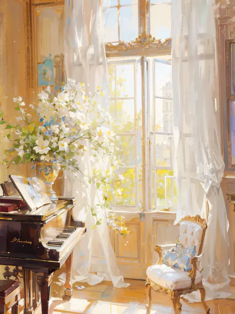 Stars outside the window at night，Draw a grand piano in a room with a window,Star-studded little author：Arthur Penn, author：Gérard Ernest Schneider, author：Albert Curtin, Elegant oil painting, painting of beautiful, Konstantin Razumov, ( ( Konstantin Razum...