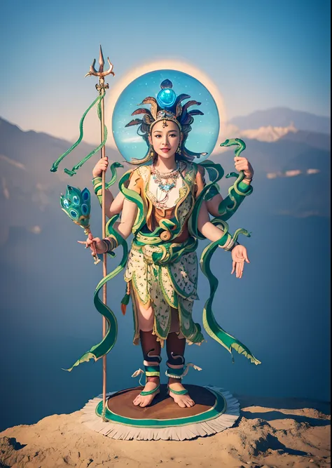 1girll，10 years old child，stand in a valley full of mandala flowers，（（（green skin））），gem necklace，exquisite headdress，long hair ...