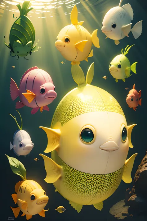 Big-eared fish，adolable，sprout，Elephant ears，Humanoid body，amarelo，fish scales