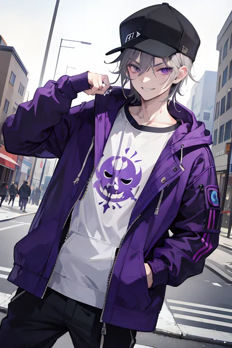 masterpiece,1man,solo, hairstylist,gray hair,purple eyes,hoodie,mob cap,street,hand on hip,hand in pocket,badass,mascular,evil smile, potrait