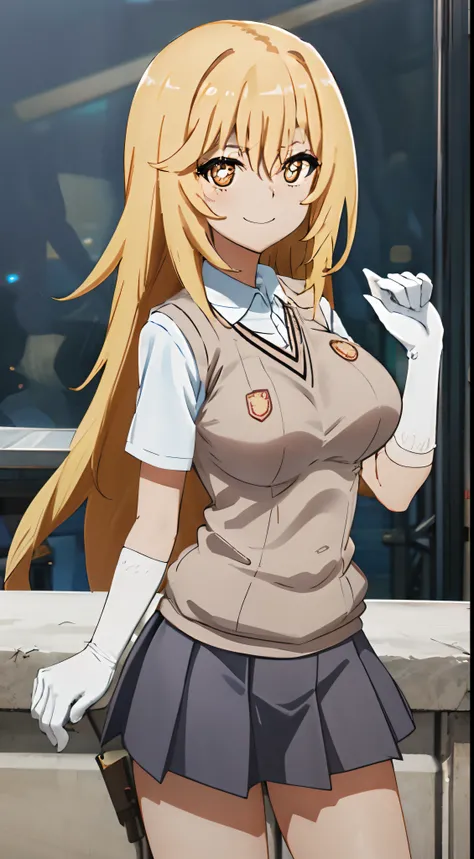 masutepiece, Best Quality, hight resolution, HMMISAKI, Long hair, symbol-shaped pupils, Large breasts, Tokiwadai School Uniform, Sweater Vest, Short sleeves, White Gloves, elbow groves, Pleated skirt, white thighhig, Cowboy Shot, Smile, ,