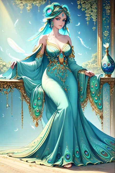 , ((best quality)), (((masterpiece))), (highres), original, extremely detailed 8K wallpaper, (an extremely delicate and beautiful girl with peacock blue gorgeous dress, many feathers,blue eyes,),((best quality)),(spirit),((illustration)),(beautiful detaile...