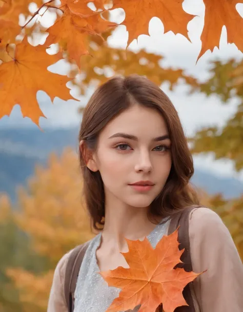 (beautiful skyline, magnificent sky), (dramatic and dramatic graphics, moving visuals), (hanging north star, colorful natural light), (an 18-year-old beautiful girl, bust), (casual dress, with backpack), (Canadian orange maple leaf mountain background)),up...