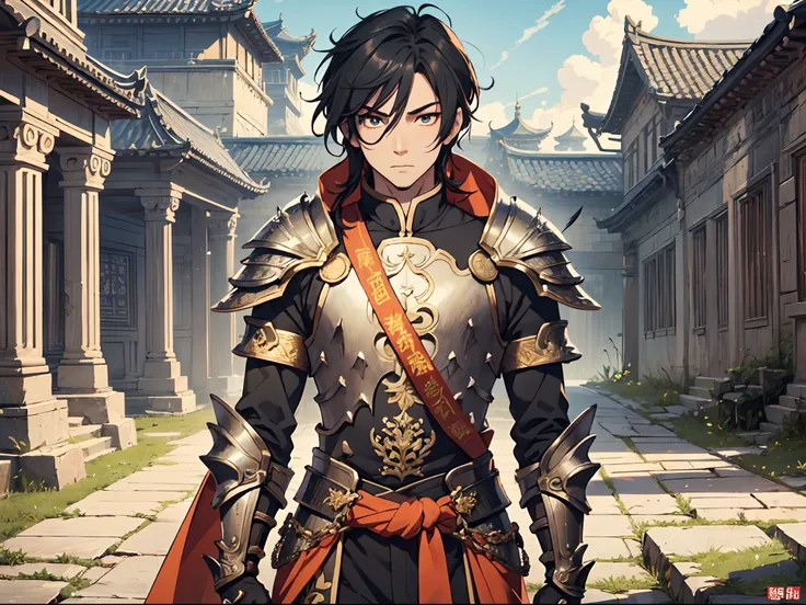 Ultra High Definition, Ultra High Quality, Extremely Detailed, Perfectly Detailed, Masterpiece, 8k, 1 Boy, Look A Like Xin From Kingdom Anime, Handsome, Armored With Chinese Emperor Armor, Black And Orange Pupil Eyes, Black Long Hair Tied, Full Body Shot, ...