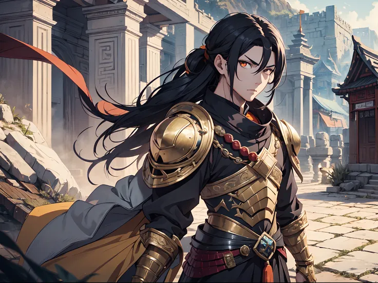 Ultra High Definition, Ultra High Quality, Extremely Detailed, Perfectly Detailed, Masterpiece, 8k, 1 Boy, Look A Like Xin From Kingdom Anime, Handsome, Armored With Chinese Emperor Armor, Black And Orange Pupil Eyes, Black Long Hair Tied, Full Body Shot, ...