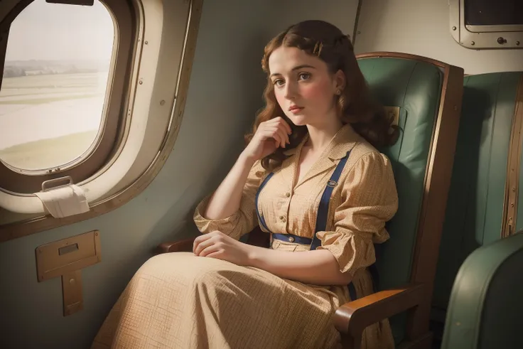 Year: 1944. Location: France. pre-raphaelite scene with a frenchwoman in a patterned dress, sitting in a tiny airplane, ((terrified)) ((scared)) expression, ((1940s clothes)) ((1940s hairstyle)) ((in the style of "OMITB")) ((cinematic style))