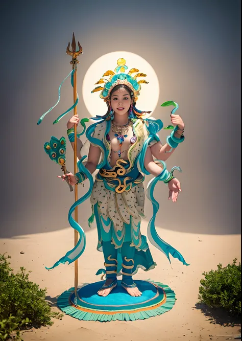 1girll，10 years old child，Stand in a valley full of mandala flowers，（（（Green skin））），Gem Necklace，Exquisite headdress，Long hair hanging down the shoulders，There are six snakes on top of their heads，Snake in hand，The body is decorated with snakes，Four arms，...