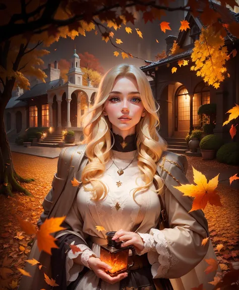 a handsome female, with blonde hair, square, autumn, aesthetics, with beautiful decorations