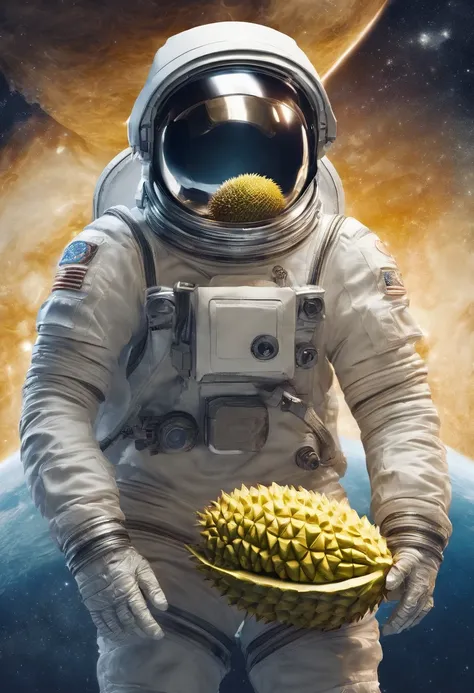 An astronaut carrying a durian fruit in space,