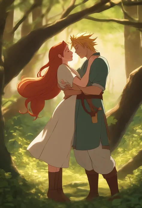 a man and a woman hugging in the woods, female link and malon kissing, peasant boy and girl first kiss, gregoire and manon, lovely kiss, kisses are wordless spells, fairy tale style background, the girl has red hair huge breasts, thicc thighs,the boy is Na...