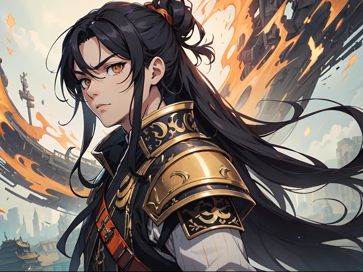 Ultra High Definition, Ultra High Quality, Extremely Detailed, Perfectly Detailed, Masterpiece, 8k, 1 Boy, Look A Like Xin From Kingdom Anime, Handsome, Armored With Chinese Emperor Armor, Black And Orange Pupil Eyes, Black Long Hair Tied, Full Body Shot, ...