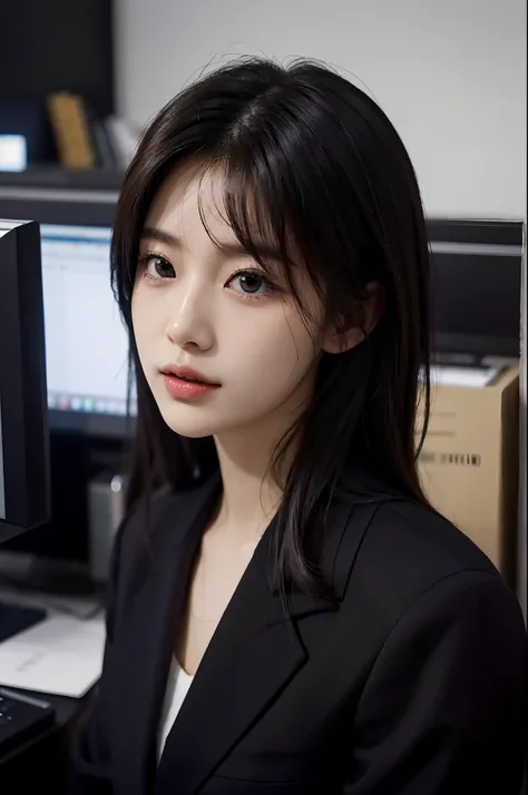 High-res, Realistic portrait of professional korean office lady with perfect skin，Professional suits，Womens suits，stand posture，The upper part of the body，Women in the workplace，Show confidence and maturity, Surrounded by a modern corporate environment, Vi...