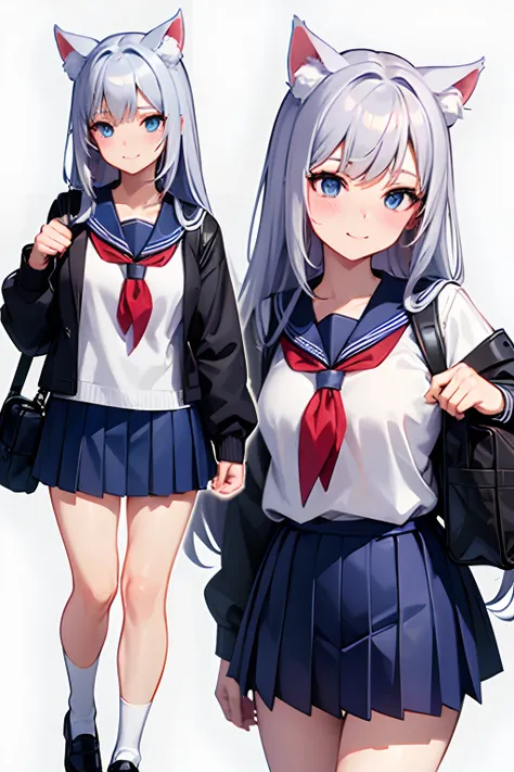 People wearing anime-style makeup々ha、Appeared in various poses and hairstyles, 1girl in, School uniform, Skirt, Blue skirt, serafuku, Animal ears, Bag, Sailor collar, School bag, Pleated skirt, Blue eyes, lowfers, Looking at Viewer, multiple views, Long ha...