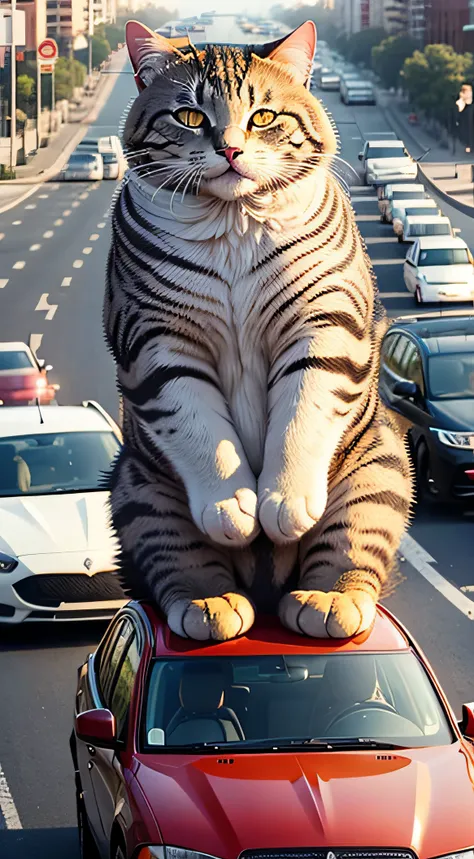 giant cat in the middle of traffic jam