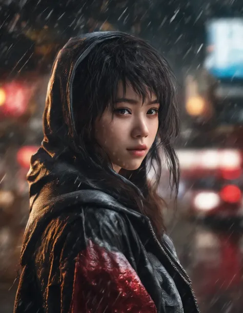 close up photograph, Confident young woman，Black color hair，with brown eye，Wear a hoodie with a red dragon pattern, On the streets soaked with rain at night