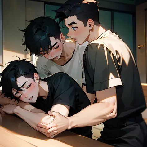 a room、Two people sitting in a room、Drunk man、sitting on next eachother、Lean on the man next to you、Yaoi、Two men、A dark-haired、The shirt、a black T-shirt、short-hair、thick eyebrow、Big lips、white t-shirts、One mole under the mouth、耳Nipple Ring、Simple piercing、...