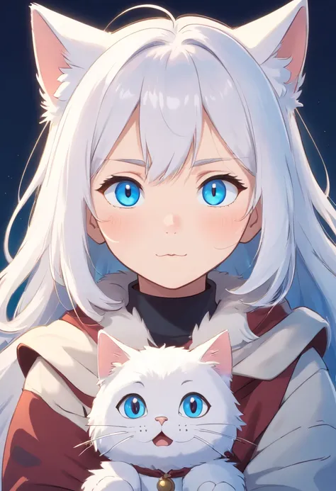 A cartoon cat with blue eyes，White hair，cute-style